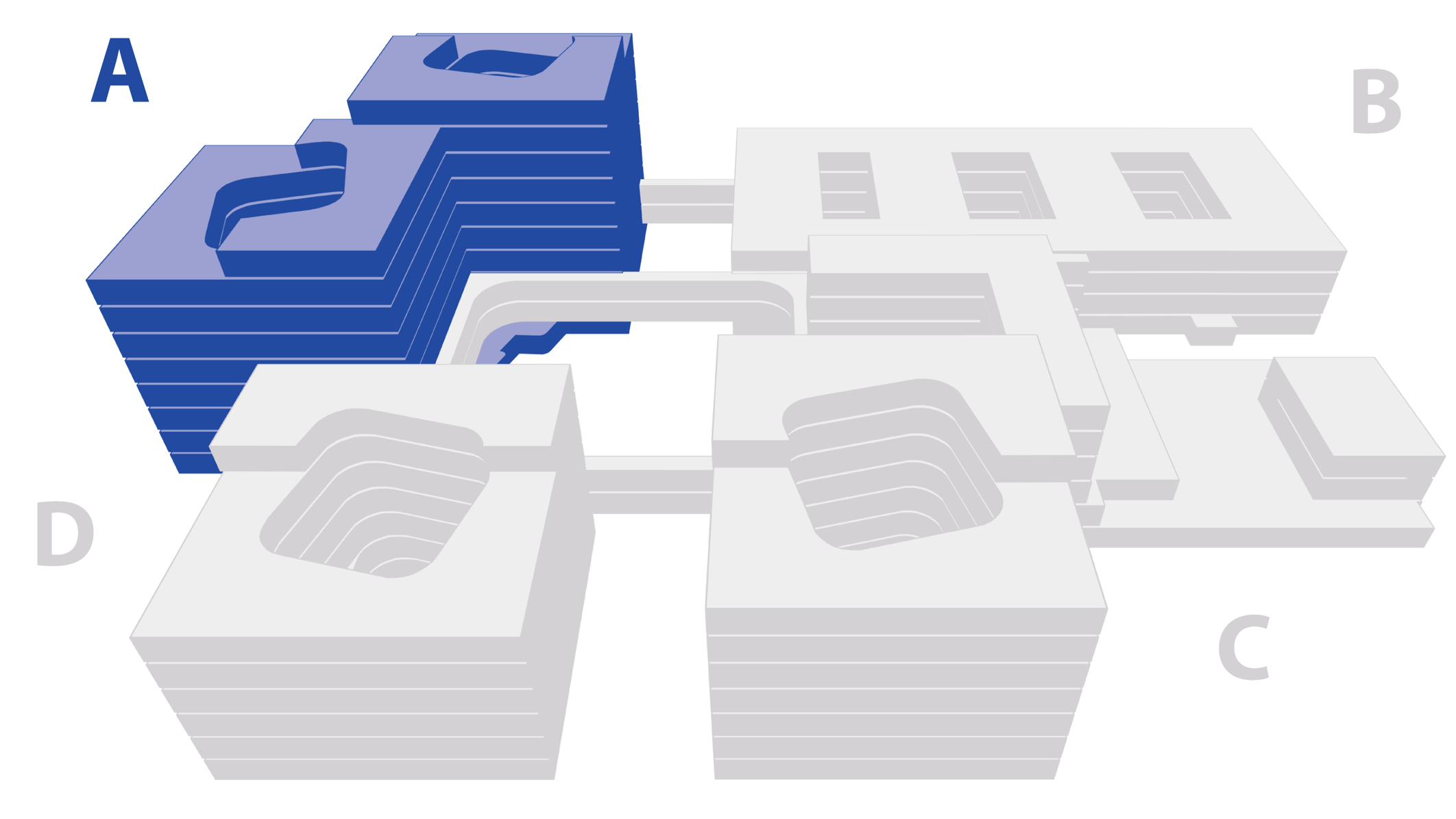 Illustrasjon av fire sykehusbygg.