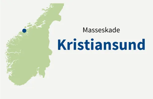 Norgeskart der Kristiansund er markert med en blå prikk. Tegning.