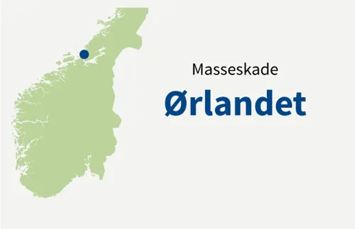 Norgeskart der Ørlandet er markert med en blå prikk. Tegning.