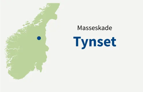 Norgeskart der Tynset er markert med en blå prikk. Tegning.