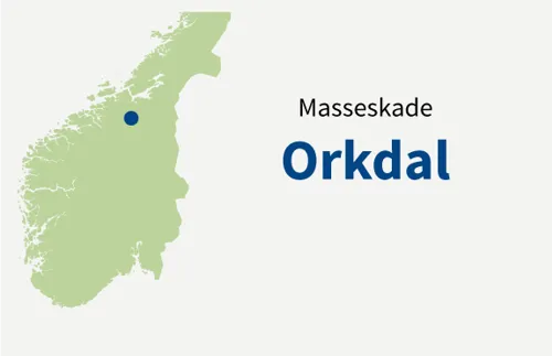 Norgeskart der Orkdal er markert med en blå prikk. Tegning.