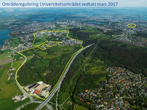 Bilde over universitetsområdet på Ullandhaug