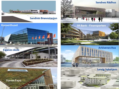 Bilder av forskjellige bygg i Stavanger. Foto.