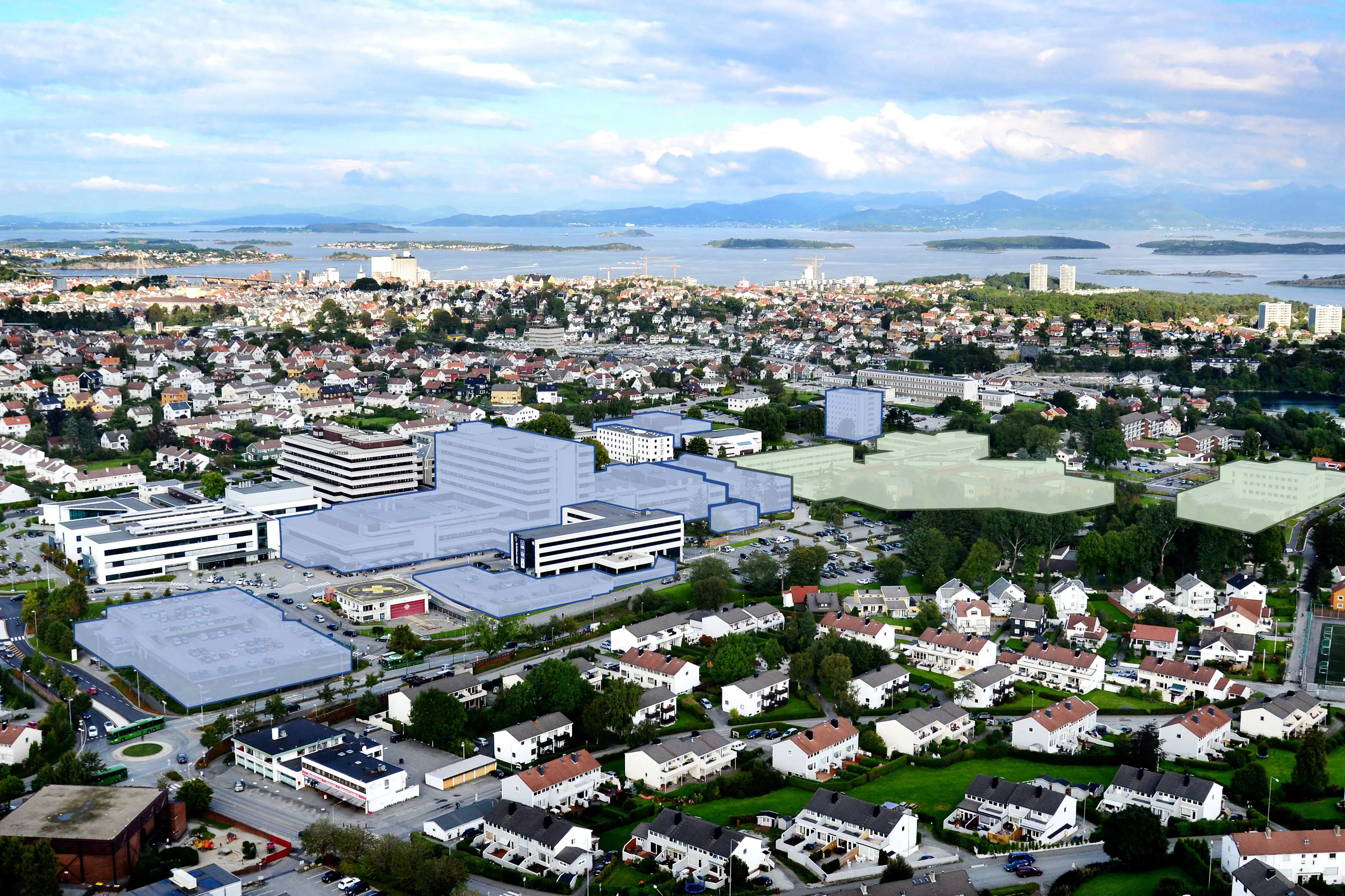 Bilde av sykehuset på Våland med markerte områder for de byggene som skal brukes videre. 