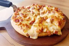 En pizza med ost og pålegg